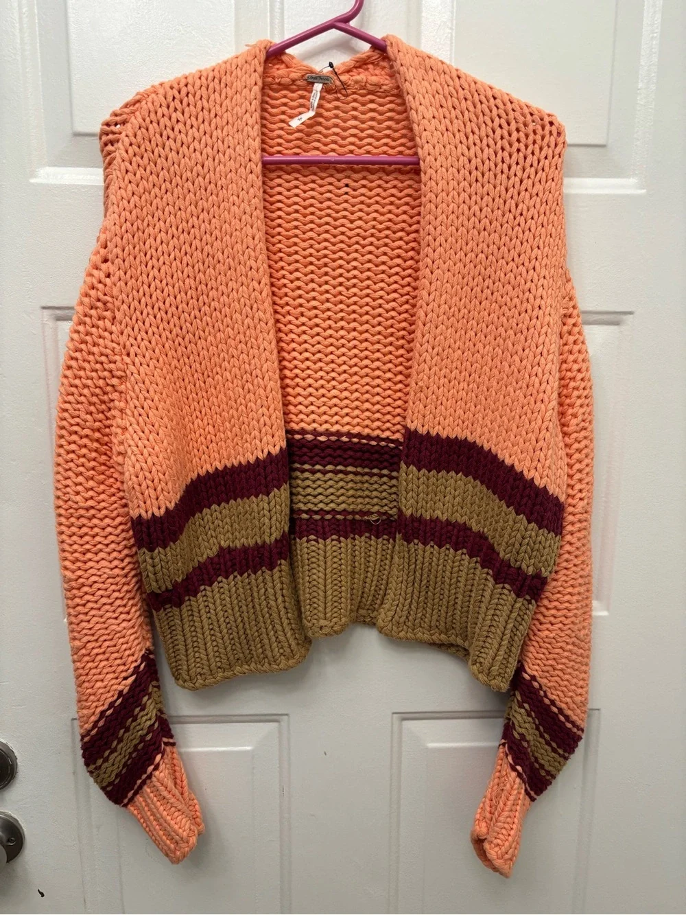 Free People Glow For It Peach Stripe Chunky Open-Front Cardigan